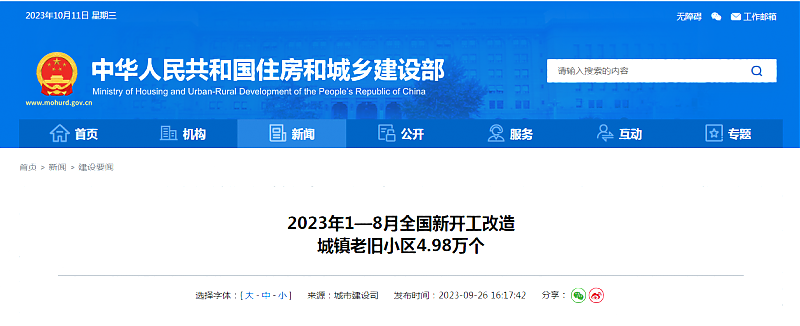 2023年1—8月全國新開工改造_城鎮(zhèn)老舊小區(qū)4.98萬個